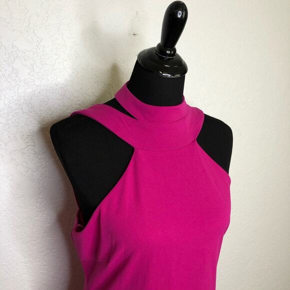 Bebe bright pink halter neck open back sleeveless ruffle hem dress Large NWT - Picture 2 of 16